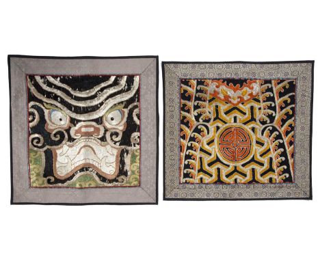 Two embroidered panelsChinese, 19th/20th Centurythe first depicting the face of a snarling beast with the mouth open bearing 