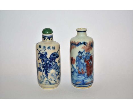 Two porcelain snuff bottlesChineseone painted in blue and white with a battle scene and with jade stopper, 8cm high and the o