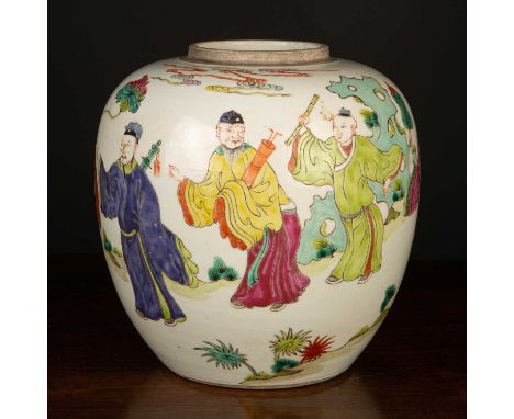 Wucai decorated ginger jarChinese, 18th Centurydecorated to the exterior with figures dressed in formal robes holding flowers
