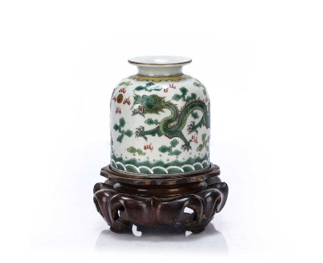 Porcelain beehive shaped brush potChinese, 19th Centurypainted in famille verte palette with a dragon and flaming pearls, Jia
