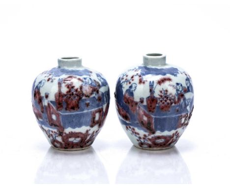 Miniature pair of globular vasesChinese, Qing dynastydecorated in cobalt blue, depicting figures in a garden surrounded by tr