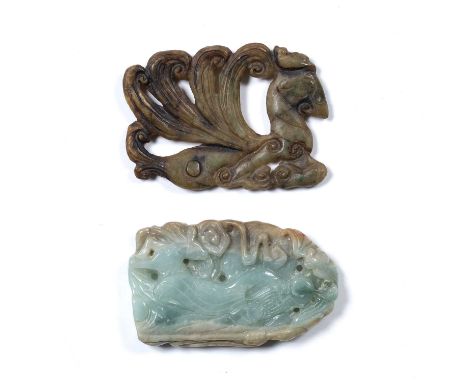 Green and grey jade pendantChinesecared as a figure of Shou Lao and a deer within a framework of scrolling clouds, 7cm high, 