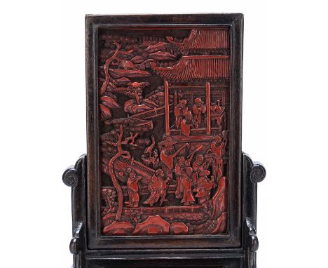 Cinnabar lacquer small table screen Chinese, early 20th Centurydecorated with courtiers and attendants outside a temple, pane