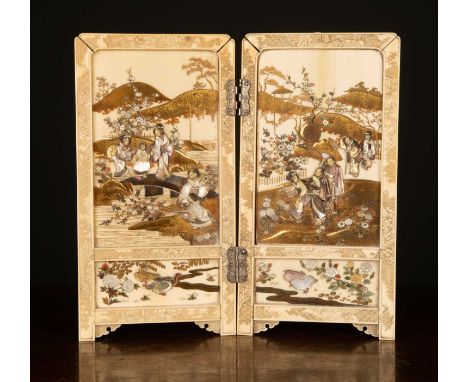 Ivory Shibayama two-fold tsuitate screenJapanese, Meiji perioddecorated with gilt lacquer and inlaid with mother of pearl, iv