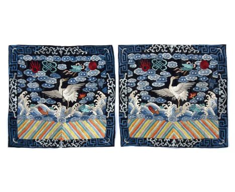 Pair of kesi civil official's rank badgesChinese, 19th Centurythe bird standing on the rocks above crashing waves, within a b