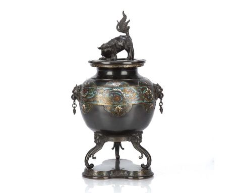 Cloisonne censerJapanese, 19th Centurywith dog of fo finial, mask head handles and on a shaped triform base, signed to the in