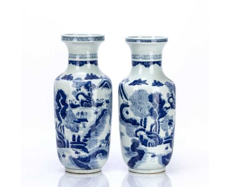 Pair of blue and white porcelain rouleau vasesChinese, 19th/early 20th Centuryeach painted with a river landscape and figures
