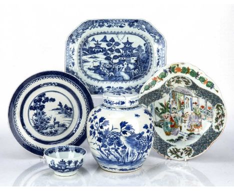 Blue and white porcelain ginger jar and coverChinese, 19th Centurywith four character Kangxi mark, 20cm high, a famille verte