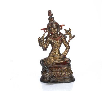 Gilt bronze figure of MaitreyaTibetan, 19th Centurysitting on a double lotus throne with his right leg raised and resting wit