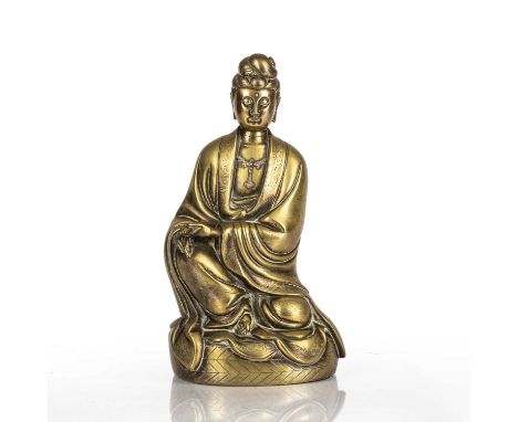Bronze figure of GuanyinChinese, 18th/19th Centurythe seated figure holding a scroll, with silver metal inlay to the collar, 