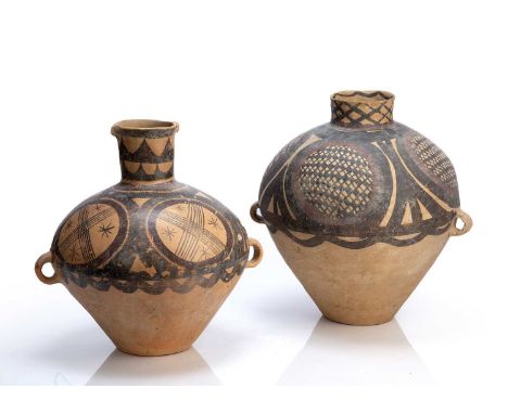 Two painted pottery jarsChinese, Neolithic period/Yangshao cultureboth with red earthenware, brush painted with black and pur