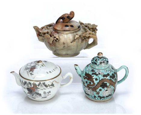 Three teapotsChinese, 19th Century and latercomprising of a Dayazhai style turquoise ground teapot decorated with two dragons