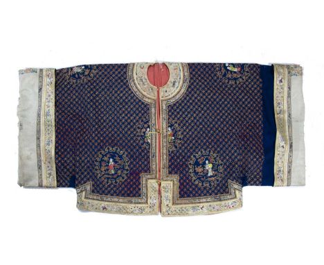 Blue embroidered robe/jacketChinese, 19th Centurydecorated with a repeating pattern, with roundels to the centre and back dep