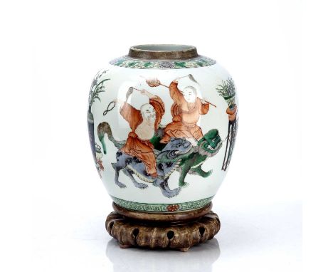 Porcelain ginger jarChinese, 19th Centurypainted in polychrome colours depicting Luohans riding kylins, interspersed with pre