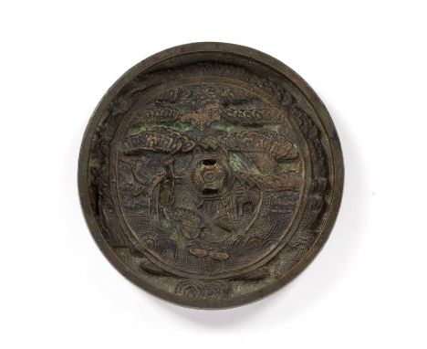 Bronze circular mirrorChinese, Tang dynasty or laterwith a river scene, bats and stalks, 12cm diameterSome marks and wear con