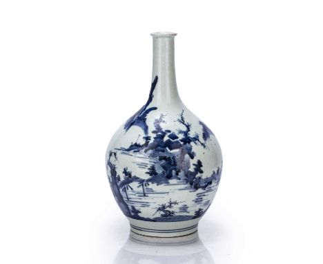 Blue and white Arita ware bottle vaseJapanese, Kanbun period (1661-1673)of globular pear-shaped form decorated with an island