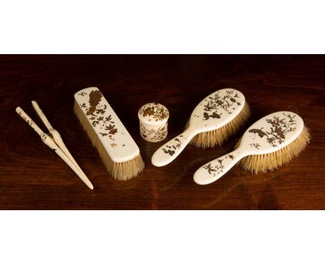 Collection of ivory shibayama itemsJapanese, 19th Centurycomprising of three brushes, a joined chopstick, and a lidded box (5