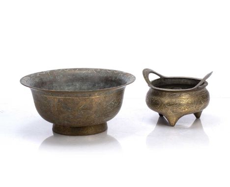 Bronze censerChinese 19th/early 20th Centurywith engraved decoration, 21cm x 15cm and a Chinese engraved brass bowl, 33cm dia