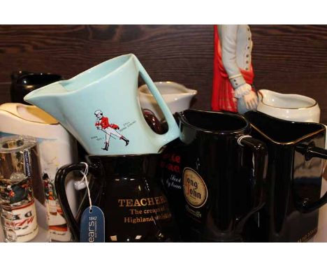 SELECTION OF WHISKEY JUGS
including a a Drambuie ceramic figure, many known brand jugs and an Edinburgh crystal candlestick (