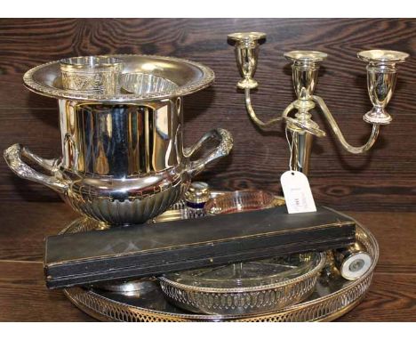 SELECTION OF SILVER PLATED ITEMS
including a tray, a champagne bucket, a candelabra, a wine slide, pepper grinder etc.
