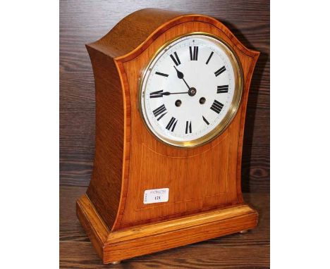 EDWARDIAN INLAID OAK BRACKET CLOCK
with enamel Roman dial, French cylinder movement striking on a gong, 34cm high