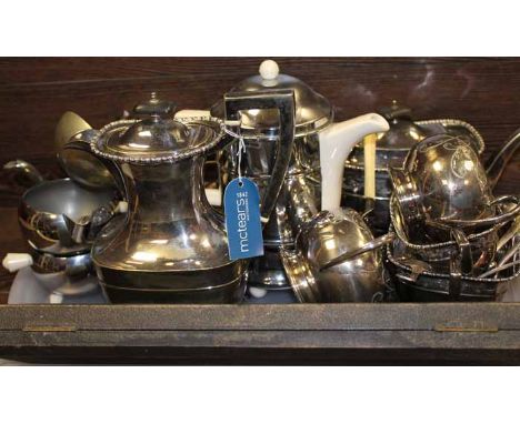 LARGE SELECTION OF SILVER PLATED ITEMS
including two tea sets, a ceramic and metal cover tea set, flatware, six New York 1939