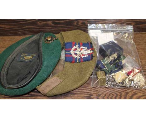 GROUP OF MILTARY ITEMS
including a Royal Highland Fusiliers medal, a 1935 Crown on a chain, two army berets with badges and a