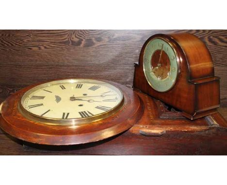 ORNATE MAHOGANY PARQUETRY WALL CLOCK
the dial with Roman numerals, along with a Smiths mantel clock, some damage to the dial 