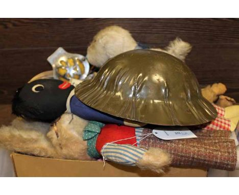FIVE EARLY 20TH CENTURY SOFT TOYS
including a monkey, a Rupert the Bear, a Golly Dolly; together with a toy army helmet and a