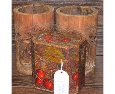 POKER WORK CHERRY PATTERN TEA CADDY
with cherry design on the lid and the body, with foil interior, 12cm long; together with 