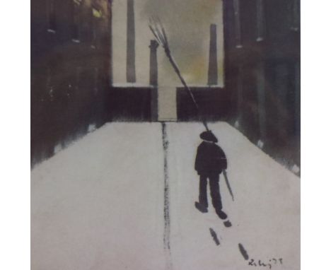 Harold Riley (1934-2023): artist signed lithograph, The Knocker-up, 11 x 19 cm. Not available for in-house P&amp;P 