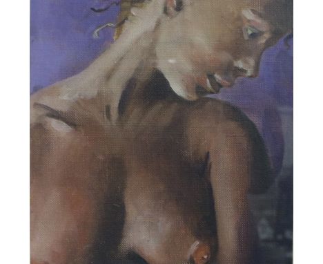 In the manner of Steven Campbell (Scottish 1953 - 2007): oil on board, nude female study, signed Campbell and dated 99, 14 x 