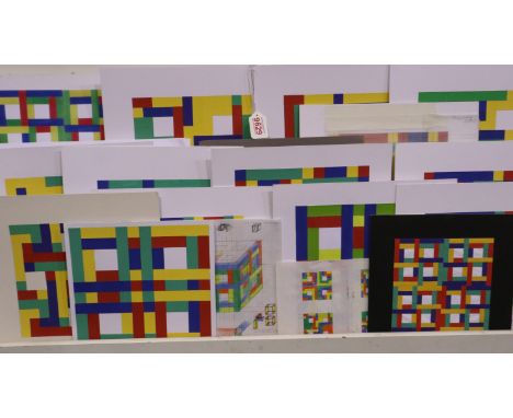 A collection of abstract prints and original artists cuts of coloured geometric squares and oblongs by Keith Paul. UK P&amp;P