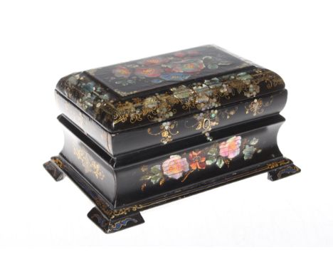 Victorian papier-mache tea caddy, the baluster sided body with two compartments, 23cm wide.
