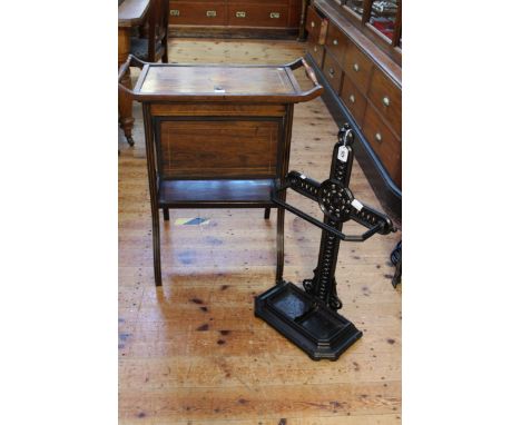 Victorian inlaid rosewood sewing table and cast iron stick stand.