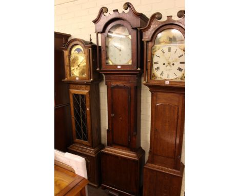 Antique oak and mahogany 30 hour longcase clock having painted arched dial, signed R. Morland, 222cm.