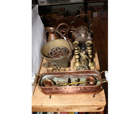 Victorian brass jam pan, postal scales and weights, copper kettle, LNER railway lamp, copper planter, etc.