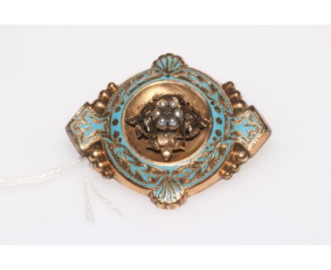 Victorian gold mourning brooch, having blue enamel decoration and set with seed pearls, 4.5cm across, boxed (tests as 15 cara
