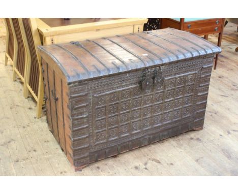 Large iron bound chest/trunk, 72cm by 115cm by 62cm.