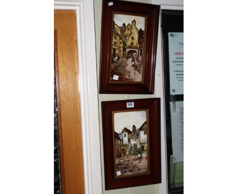 Pair framed ceramic tiles depicting Edinburgh Buildings, 39cm by 25.5cm including frames.