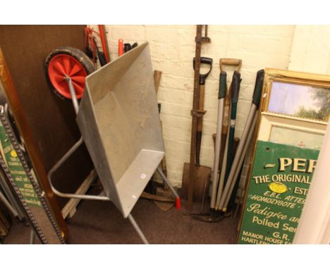 Garden barrow and collection of garden tools, clamps, etc.