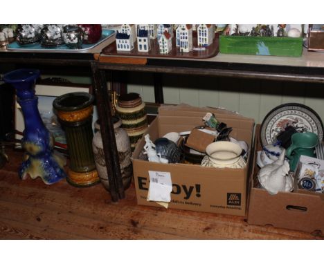 Five boxes of various china and glass, W. German vases, jardinieres and stands, gilt mirror, various pictures, LP records, fi