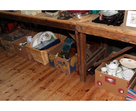 Five boxes of teawares, glassware, Wedgwood and Worcester cake plates, Worcester Evesham flan dish, etc.