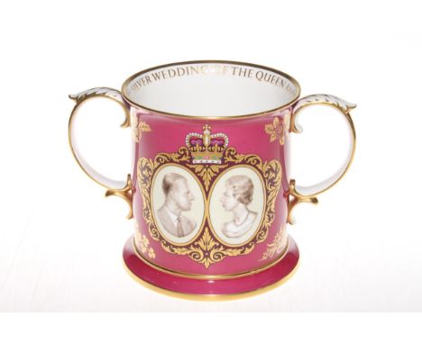 Spode commemorative loving cup for Queen and Duke of Edinburgh silver wedding, 16cm.