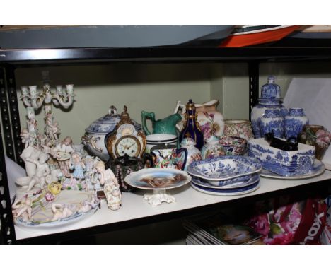 Cherub four branch candelabra and matching base, collection of Victorian and later china, vases, planters, Doulton Flo Blue p