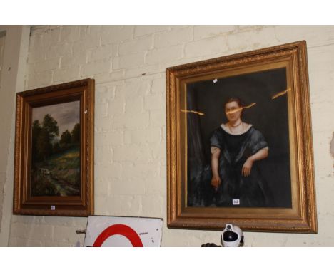Collection of nine pictures including oils, portrait, needlework and Farm sign (10).