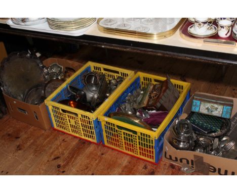 Four boxes of silver plate and metalware, assorted cutlery, cuckoo clock, etc.