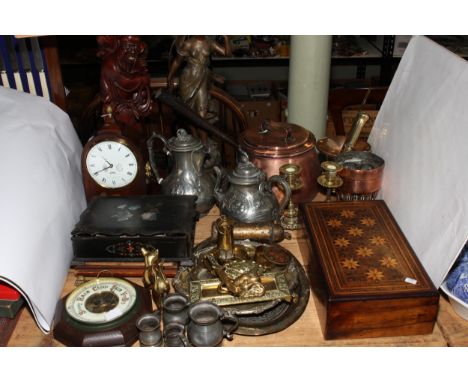 Oriental wood figure lamp, spelter figure, marquetry sewing box, lacquered box, copper and brassware including two Victorian 