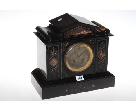 Slate mantel clock with inlay, 29cm high.