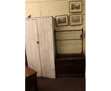 Stained pine trunk, Victorian towel rail and painted double door fitted cupboard (3).